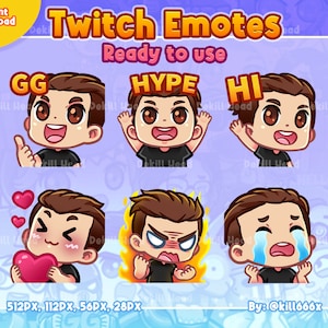 6 Stream Emotes - Cool Chibi Gamer Boy with Brown Hair