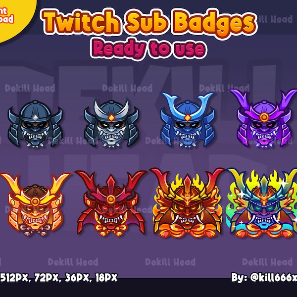 8 Sub Badges | Samurai | Devil | Kabuto | Oni Mask |  | Ronin | Japan | Subscriber Badges | Stream Badges | Twitch Badges