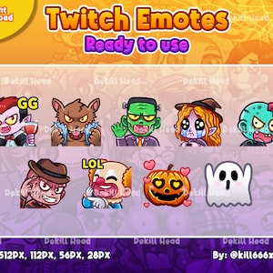 9 Emotes Halloween Characters, Dracula, Werewolf, Frankenstein, Witch, Zombie, Freddy, Clown, Pumpkin, Ghost for Twitch, Discord or Youtube