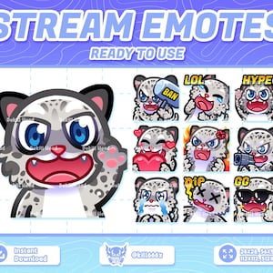 May include: A set of 12 animated Twitch emotes featuring a cute cartoon snow leopard with different expressions. The emotes include "Ban", "LOL", "Hype", "Love", "Angry", "Gun", "Cry", "Rip", "GG", and more. The emotes are available in various sizes, including 28x28, 56x56, 112x112, and 512x512 pixels.