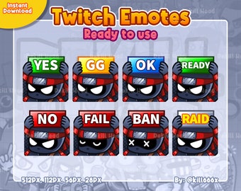 8 Emotes The Black Ninja with Board, Yes, GG, Ok, Ready, No, Fail, Ban, Raid for Twitch, Discord or Youtube