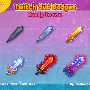 Peut inclure: Graphique numérique présentant six modèles d'épées stylisées de différentes couleurs : gris, bleu, or, rouge et violet. Le texte "Twitch Sub Badges" et "Ready to use" sont affichés. Les spécifications de taille et le nom d'utilisateur du créateur sont en bas.