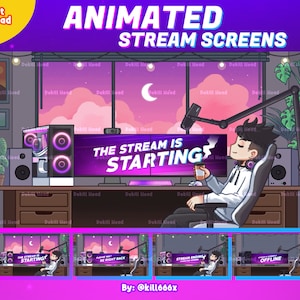 Pantallas de transmisión animadas / Chico gamer relajado / Café / Mullet / Cabello negro / Comienza pronto / Ya vuelvo / Finalizando / Sin conexión