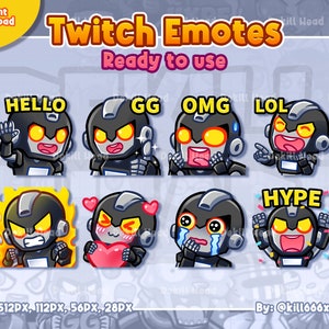 May include: A set of eight Twitch emotes featuring a black robot character with different expressions. The emotes include "Hello", "GG", "OMG", "LOL", "Hype", and three other expressions. The emotes are designed in a cartoon style and are ready to use.