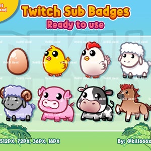 8 Farm Animals Sub Badges | Egg | Chicken | Sheep | Pig | Cow | Horse | Stream Badges | Twitch Badges