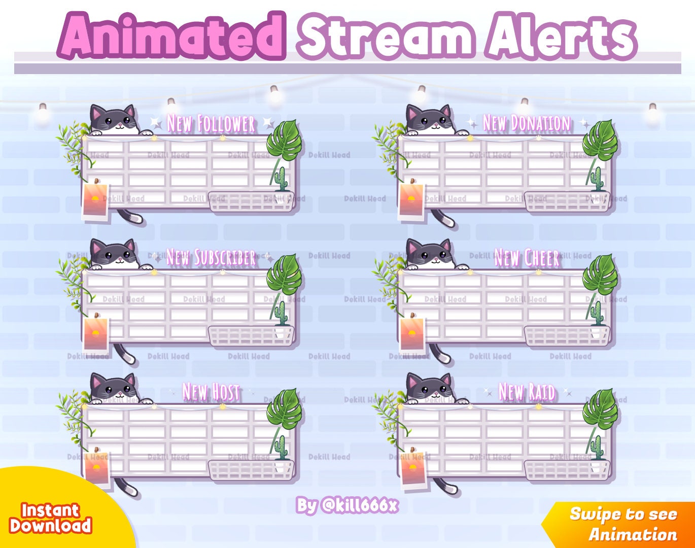 Animated Stream Alerts Wire Mesh Cute Cat Lamp Leaf Plants Polaroid ...