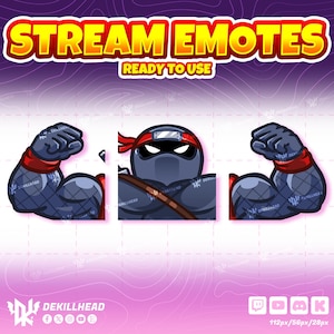 May include: Stream emotes graphic with a ninja theme. The central image is a ninja character with a red headband and a muscular arm on each side. The text "STREAM EMOTES READY TO USE" is at the top.