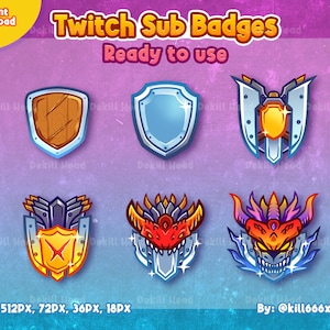 May include: Six different Twitch sub badges featuring a variety of designs, including a wooden shield, a silver shield, a silver sword, a silver dragon, a red dragon, and a purple dragon. The badges are in different sizes, with the largest being 512 pixels and the smallest being 18 pixels. The text "Twitch Sub Badges" and "Ready to use" is at the top of the image. The text "By: @kill666x" is at the bottom of the image.