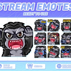 Puede incluir: Un conjunto de nueve emoticonos animados de Twitch que representan a un gorila de dibujos animados con diferentes expresiones y texto. Los emoticonos incluyen "Hype", "Ban", "LOL", "GG", "Oof", "Sad", "Heart", "Gun", y "Angry".