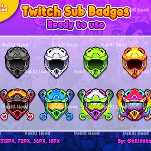 May include: Set of eight Twitch sub badges featuring a cartoon motorcycle helmet design in various colors. The badges are available in four sizes: 512px, 72px, 36px, and 18px. The text "Twitch Sub Badges" and "Ready to use" is displayed at the top of the image. The text "Dekill Head" and "By: @kill666x" is displayed at the bottom of the image.