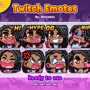 8 Stream Emotes - Długie kręcone włosy chłopca | Ciemna skóra | Czarne włosy