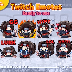 The Black Ninja Girl, 8 Emotes, GG, Rage, Hype, Kiss, Lurk, Crying, LOL, What for Twitch, Discord or Youtube
