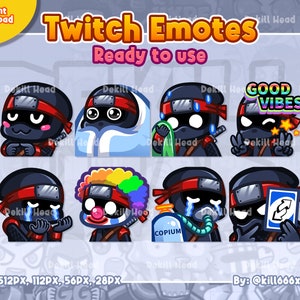 8 Emotes The Black Ninja Chill, UwU, Blanket, Panic, Good Vibes, Ninja Hands, Clown, Copium, Uno Reverse Card, Twitch, Discord ou Youtube