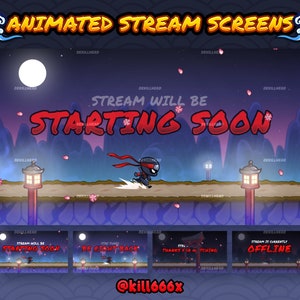Op de afbeelding: Geanimeerde streamschermen met een ninja-personage dat over een pad rent met vallende kersenbloesems. De schermen tonen "Stream start binnenkort", "Wees zo terug", "Bedankt voor het kijken" en "Stream is momenteel offline".