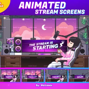 Pantallas de transmisión animadas / Chica gamer relajada / Café / Cabello corto / Cabello negro / Comienza pronto / Ya vuelvo / Finalizando / Sin conexión