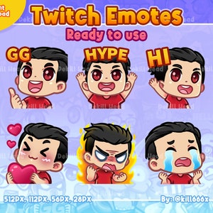 6 Stream Emotes - Cool Chibi Gamer Boy with Black Hair