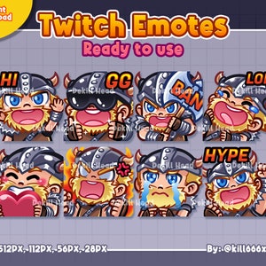 8 Emotes The Viking, Hi, GG, BAN, LOL, Love, Rage, Crying, Hype for Twitch, Discord or Youtube