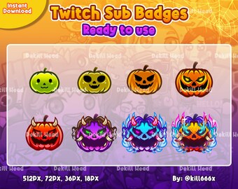 May include: Set of eight Halloween-themed Twitch sub badges featuring various pumpkin designs. The badges are in different sizes: 512px, 72px, 36px, and 18px. The badges are ready to use and are designed by @kill666x.