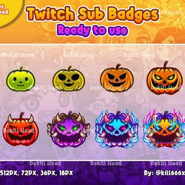 8 Sub Badges | Kürbis | Halloween | Jack-O'-Windlicht | Gruselige |  Evil | Abonnent Abzeichen | Stream Anstecker | Twitch Anstecker