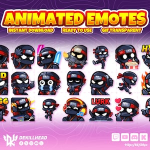 May include: A collection of animated emotes featuring ninja characters in various poses and expressions. The emotes are in black with red headbands and accents. Text includes "ANIMATED EMOTES", "INSTANT DOWNLOAD", "READY TO USE", and "GIF TRANSPARENT".