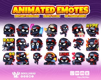 May include: A collection of animated emotes featuring ninja characters in various poses and expressions. The emotes are in black with red headbands and accents. Text includes "ANIMATED EMOTES", "INSTANT DOWNLOAD", "READY TO USE", and "GIF TRANSPARENT".