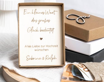 Geldgeschenk Box EIN KLEINES WORT | Geschenkschachtel zur Hochzeit | Set mit personalisierter Karte aus Holz und Säckchen für Geld