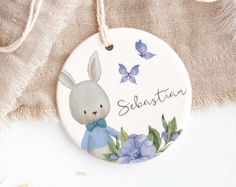 personalized name tag for Easter basket | Easter pendant for Easter baskets | Motif: Rabbit with flowers, blue | Gift tags for boys