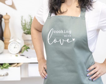 Cooking apron COOKING WITH LOVE, Green | Kitchen apron with adjustable neckband for cooking and baking