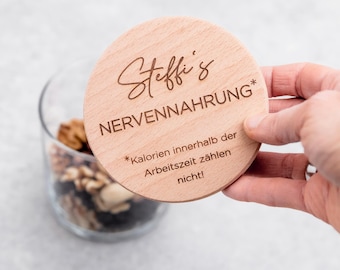 Nervennahrung Glas – Abschiedsgeschenk Kollegin – Snackglas mit Holzdeckel Gravur – Geschenk Kollegin Kollege Büro