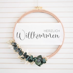 Door wreath, WELCOME, dried flower wreath with eucalyptus, welcome sign, wooden embroidery frame as a great gift for the birth