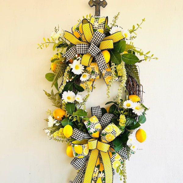 Summer Lemon Daisy Floral Grapevine Wreath, Lemon Everyday Wreath for front door, Farmhouse lemon decor, Summer Lemon Kitchen Decoration