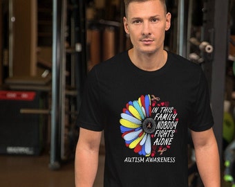 Autism Awareness Flower In This Family Nobody Fights Alone Short-Sleeve Unisex T-Shirt,Sunflower Puzzle,Multi Autism Colored Ribbon Tee mom