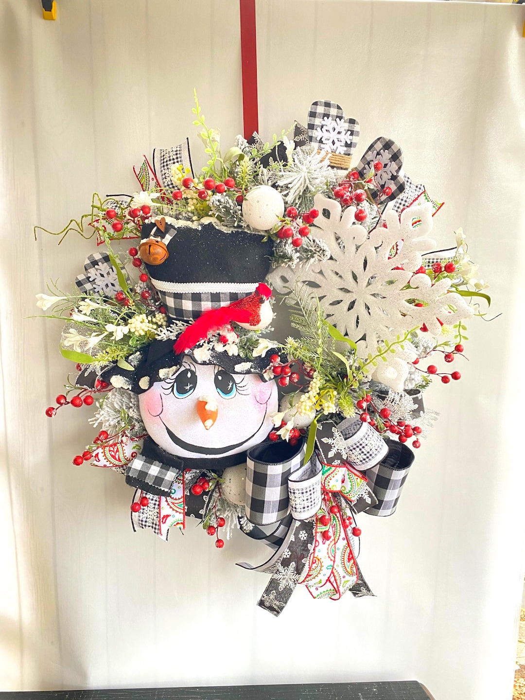 Winter Snowman Wreath for Front Door, Buffalo Check Snowman Holiday ...