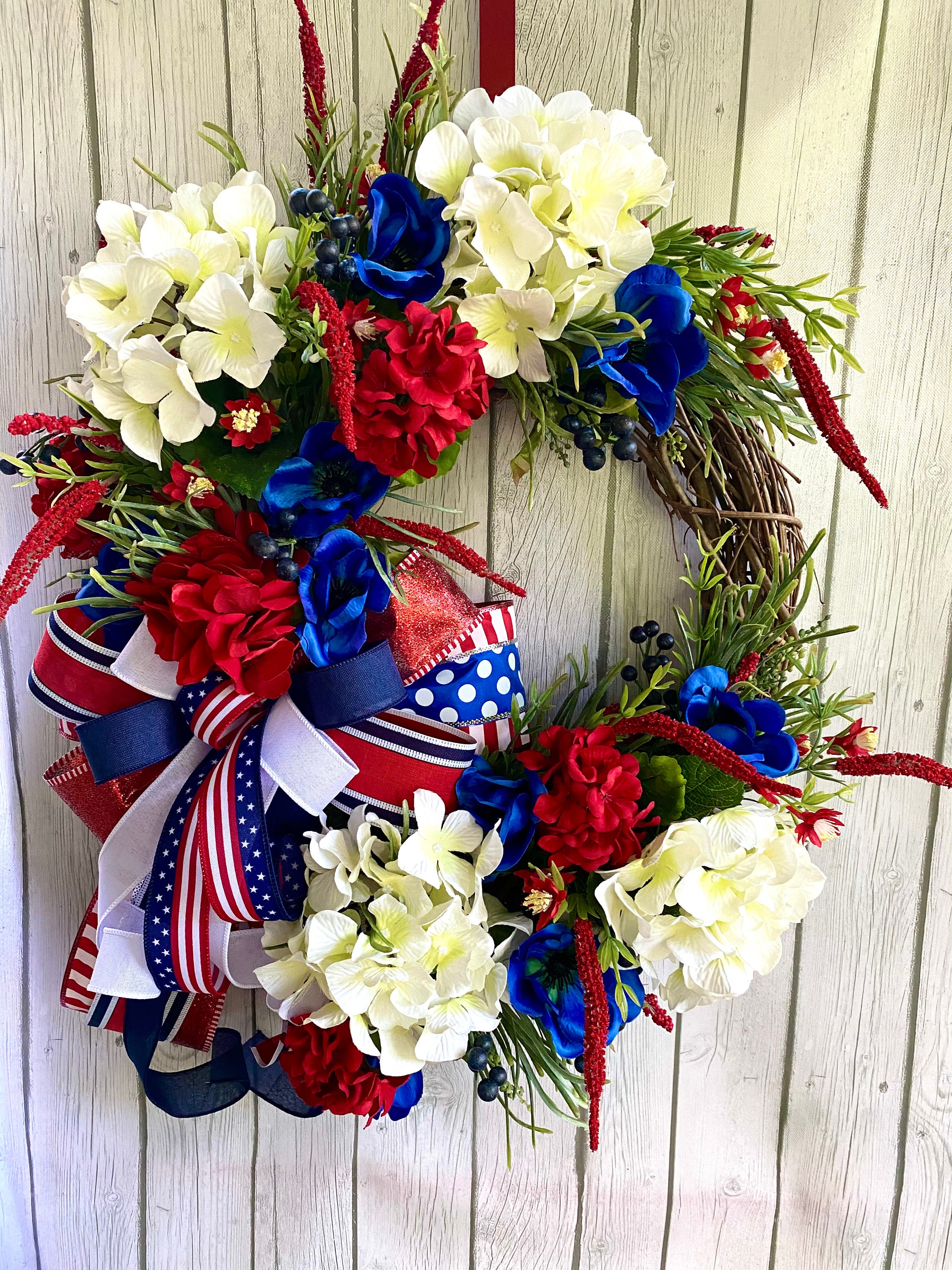 Patriotic Grapevine Wreath: Red White Blue Hydrangea, Americana