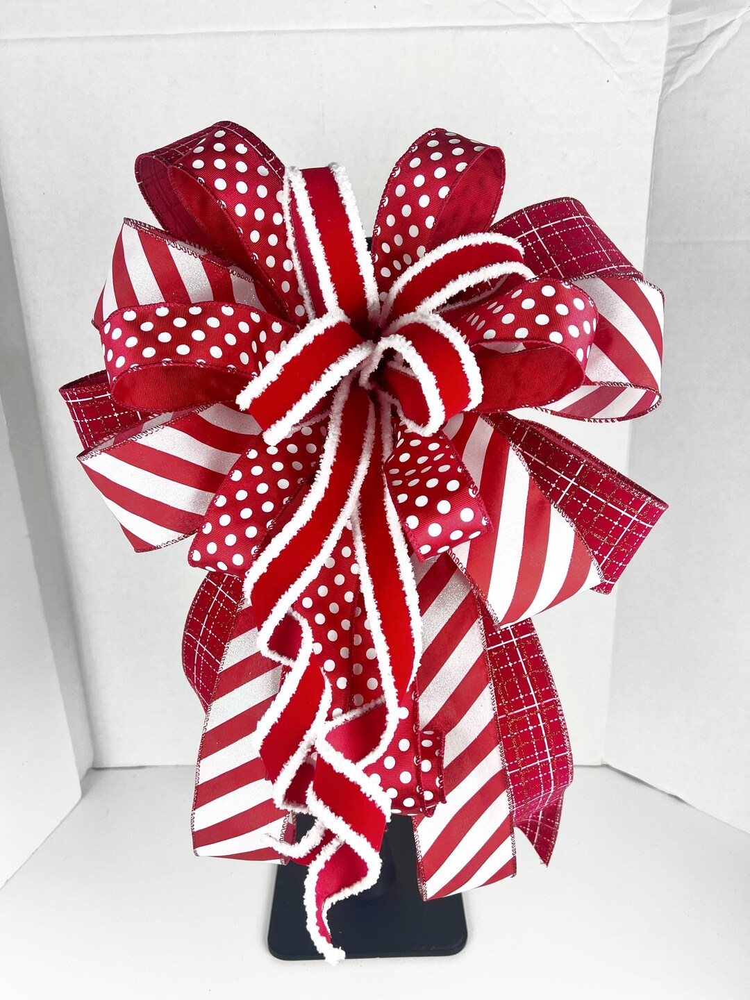 Large Christmas Tree Topper Bow, Red Stripe Candy Cane Ribbon Bow - Etsy