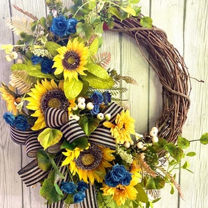 Sunflower And Blue Rose Grapevine Wreath, Summer To Fall Door Decor, Rustic Farmhouse Porch Accent, Yellow And Navy Floral Gift