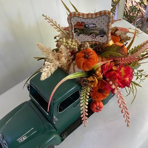 Fall Rustic Truck decor with Pumpkins floral arrangement, Decorative Fall Farmhouse Truck, Autumn HarvestTable Decor, Truck with pumpkins