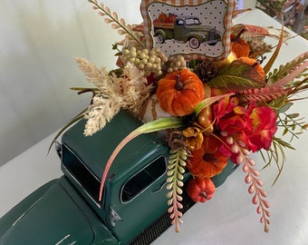 Fall Rustic Truck with Pumpkins floral arrangement, Harvest Decoration Rustic Truck, Entryway Table Decor, Farmhouse Red Truck Decoration,