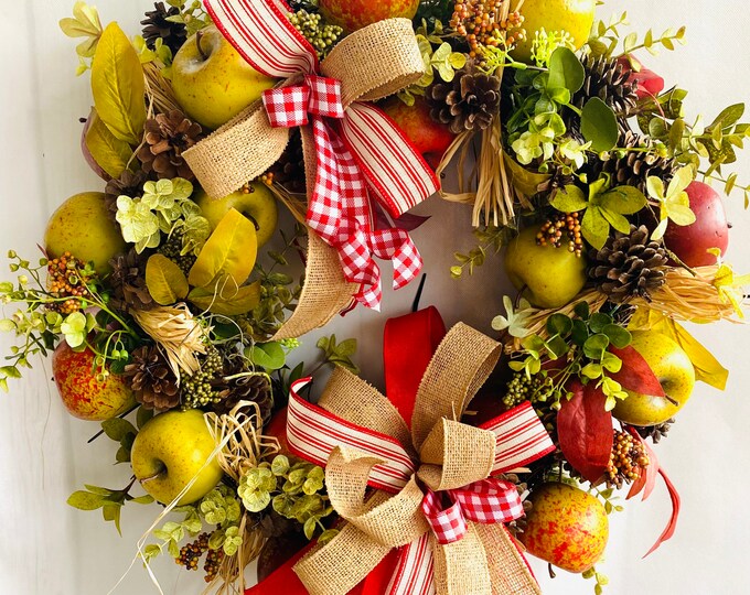 Farmhouse Apple Wreath Red Green Apple Decor Kitchen Door Etsy