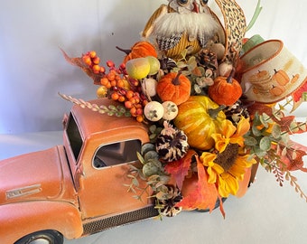 Fall Rustic Truck with Pumpkins floral arrangement, Autumn Decoration Rustic Truck, Entryway Table Decor, Farmhouse Red Truck Decoration