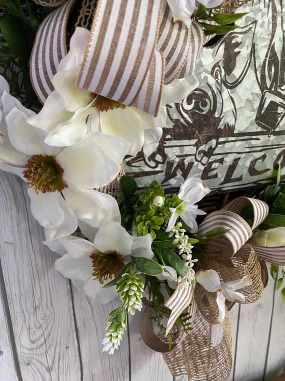 Artificial Flower Wreath, Magnolia Floral Wreath Spring Wreath Front Door  Wreath For Porch Farmhouse Wedding Decor