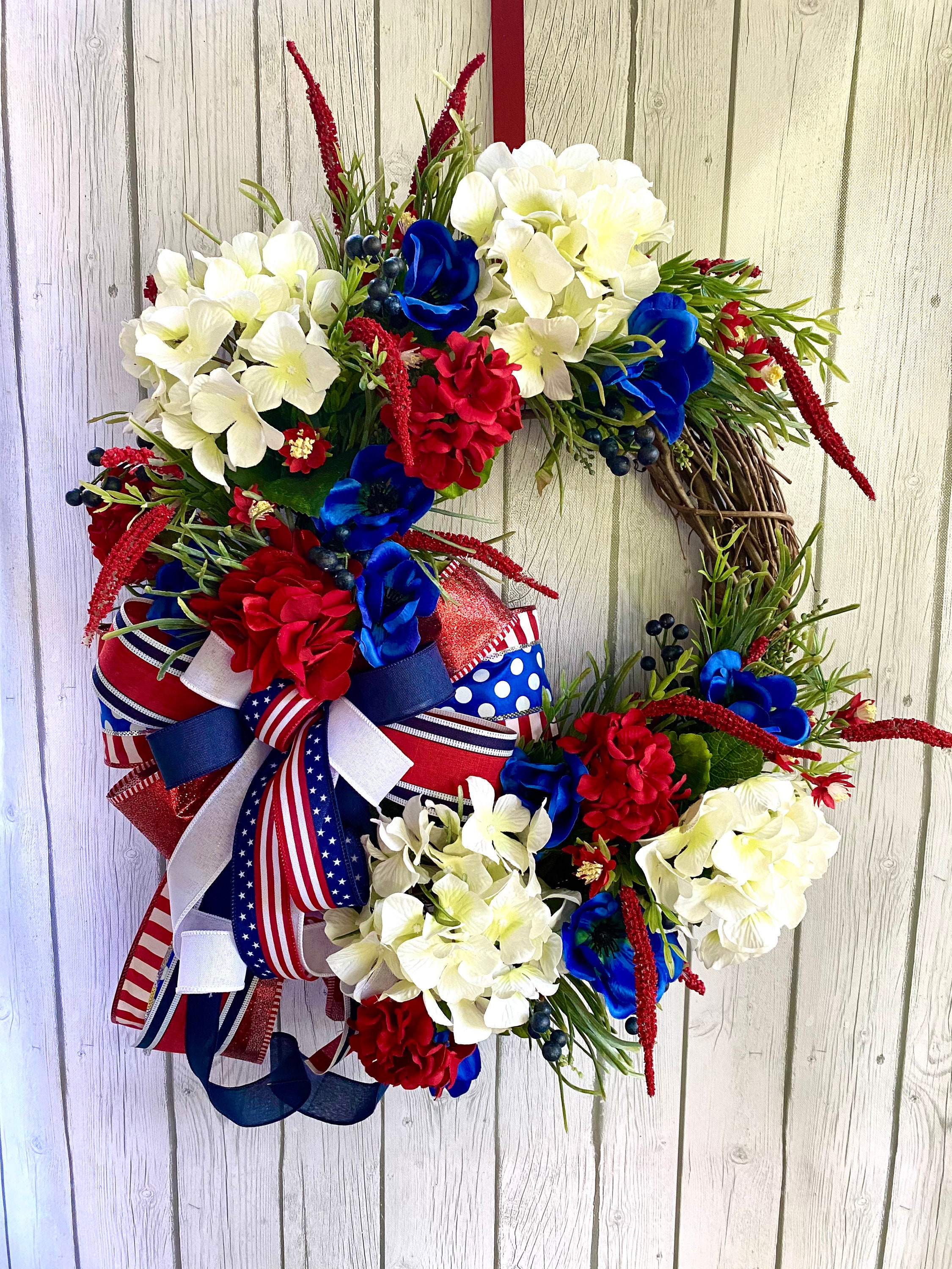 Patriotic Grapevine Wreath: Red White Blue Hydrangea, Americana