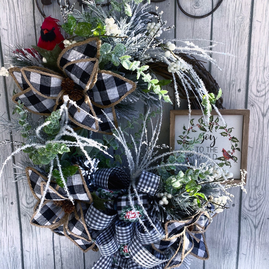 Christmas Door Wreath for Front Door, Black and White Buffalo Plaid Check Decor,Front Door Wreath,Welcome Wooden Sign for Farmhouse Porch, Wooden