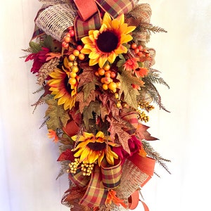Fall Sunflower Swag With Plaid And Burlap Ribbons, Autumn Vertical Door Hanger, Thanksgiving Porch Accent, Rustic Harvest Wall Piece