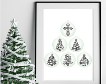 Lámina artística de árboles navideños entrelazados, decoración navideña simbólica (11x14)
