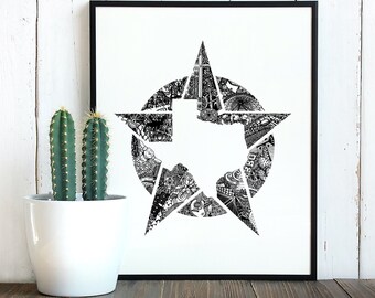 Lámina artística del estado de Texas, diseño de imagen oculta a pluma y tinta.