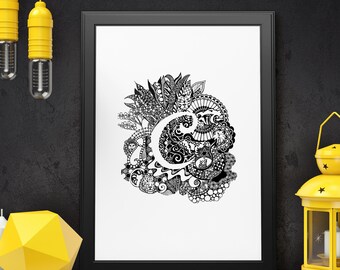 Lámina artística "Catos y espadañas" con la inicial C: Decoración única para el hogar (11x14)