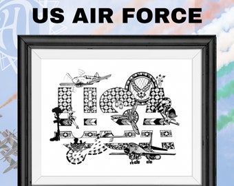 Lámina con pluma y tinta de la Fuerza Aérea de EE. UU., diseño "Hid-N-Tangles", regalo militar (11x14)