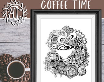 Regalo para amantes del café, lámina con pluma y tinta "Hid-N-Tangle", arte de cafetería (11x14)