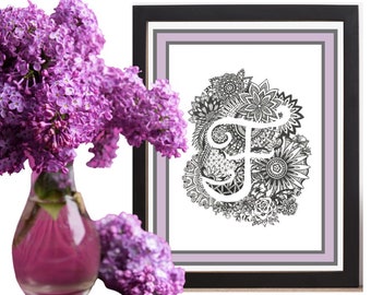 Letra F (Flores) Hid-N-Tangle, Inicial familiar, Arte de pared único para la decoración del hogar